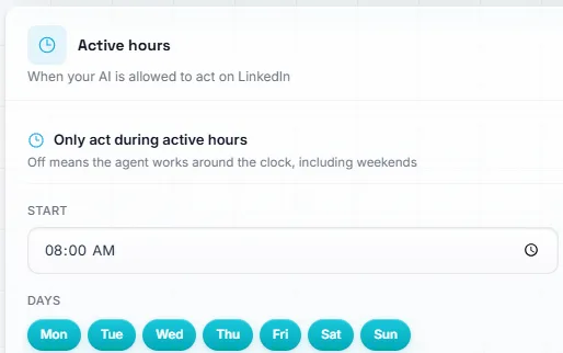 OmniSDR active hours: only act during active hours, with start and end times and the working days.
