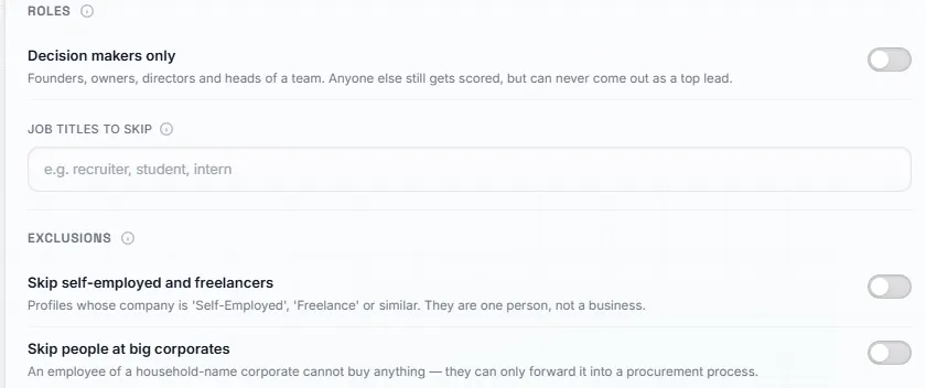 OmniSDR role and exclusion settings: decision makers only, job titles to skip, and skipping self-employed people and large corporates.